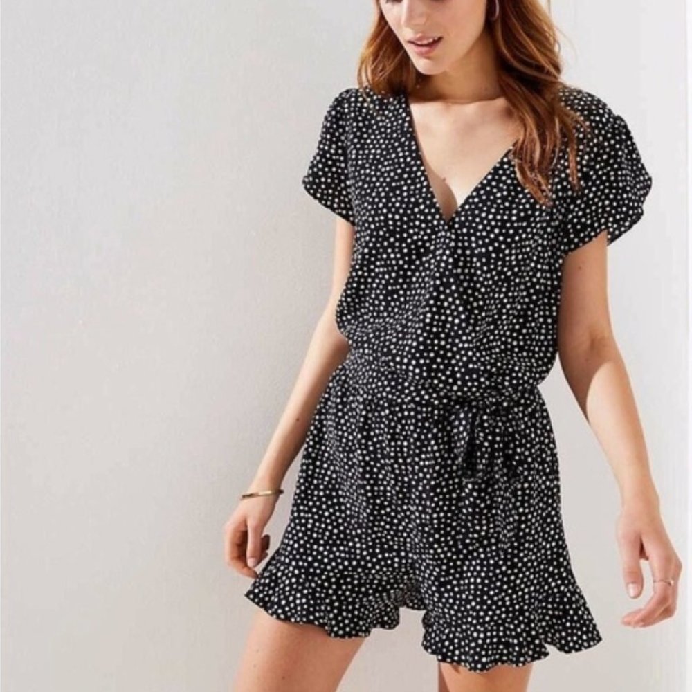 LOFT Ann Taylor | Black + White Dotted Tie Waist Romper with Pockets | S…